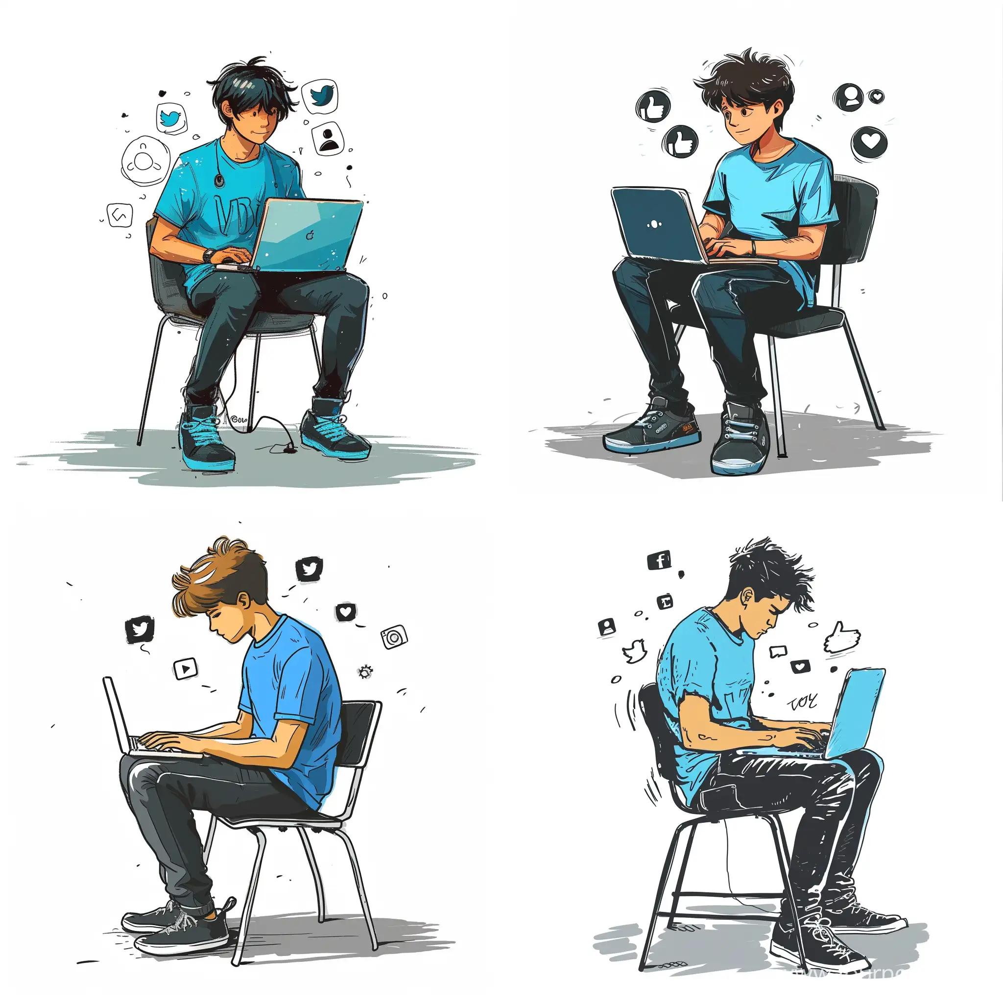 A young man wearing a blue T-shirt and black pants is sitting on a chair and in front of a laptop.  He appears to be a programmer,  and there are social media icons around. Victor sketch drawing illustrator style on white background. 