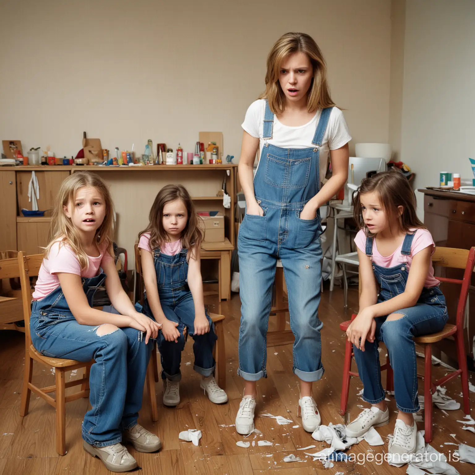 photo of three girls in a messy children’s room. The girl on the left stands,10 years old,wearing overalls,stern face. In the middle, the mother is seated on a chair, wearing very skinny jeans with a belt. She has a stern face and she is scolding severely the girl on the right, 7 years old, crying, on her knees.