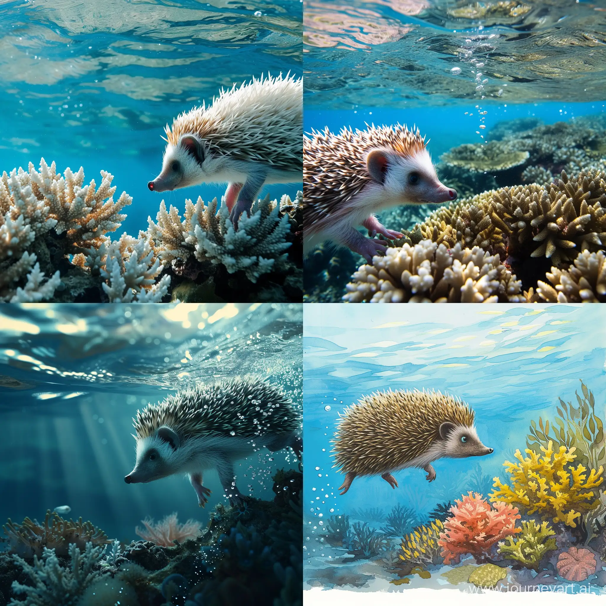 Ежик под водой дайвит в море и смотрит коралы