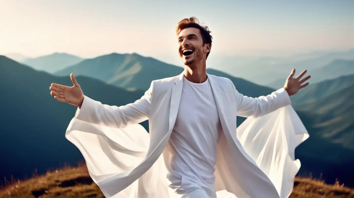 cria a imagem de um homem com roupas brancas radiante e feliz em uma montanha