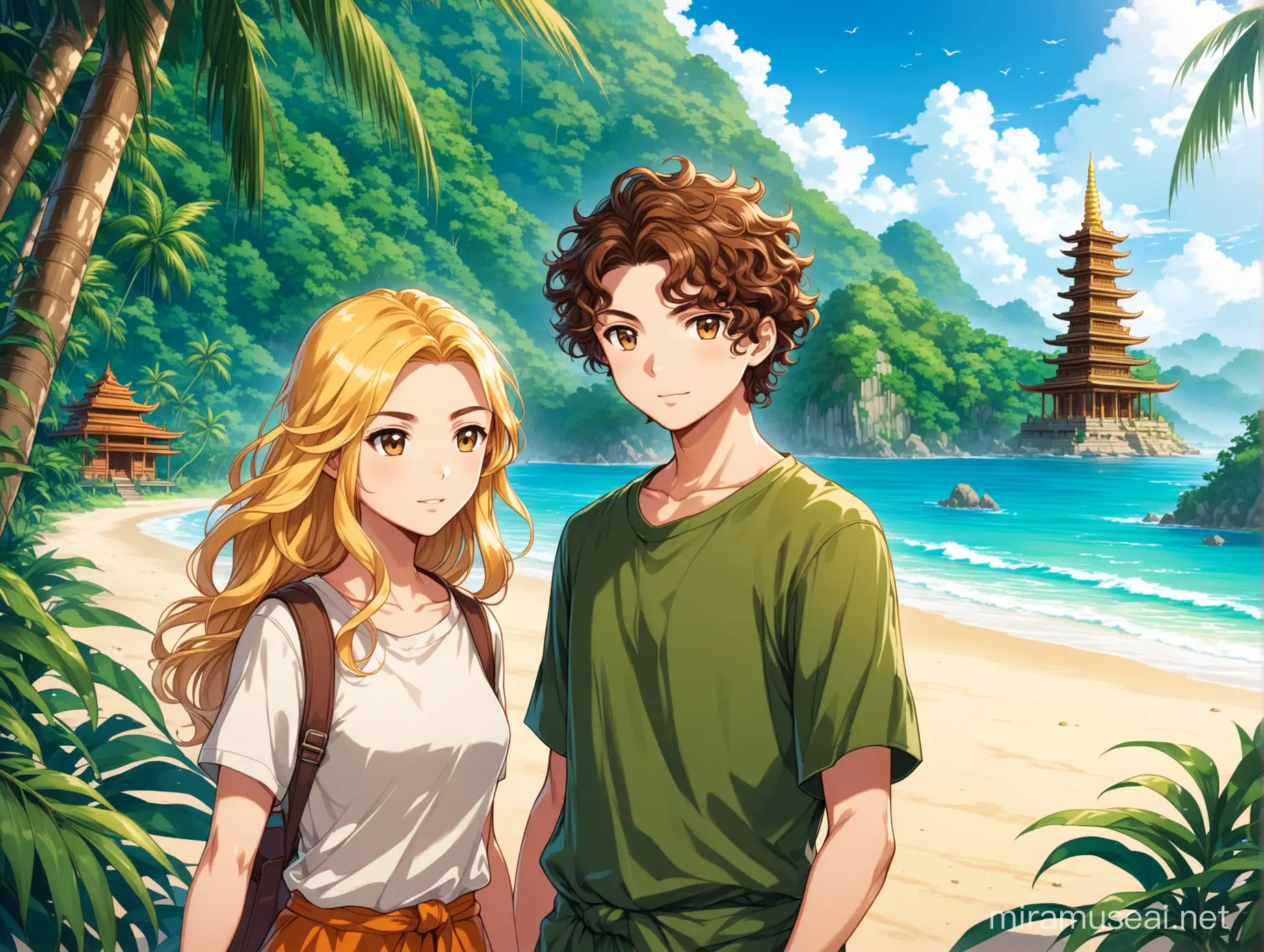 Young boy with brown curly hair, young girl with long blond hair, travelling outfits, South East Asian jungle, beach, ancient Buddhist temple in the background, anime style