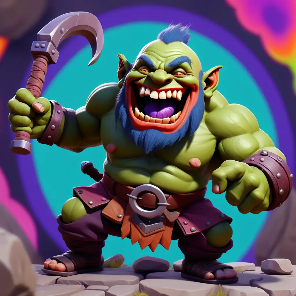 Joyful Smiling Dwarf Orc in Psychedelic Battle Pose with Slingshot