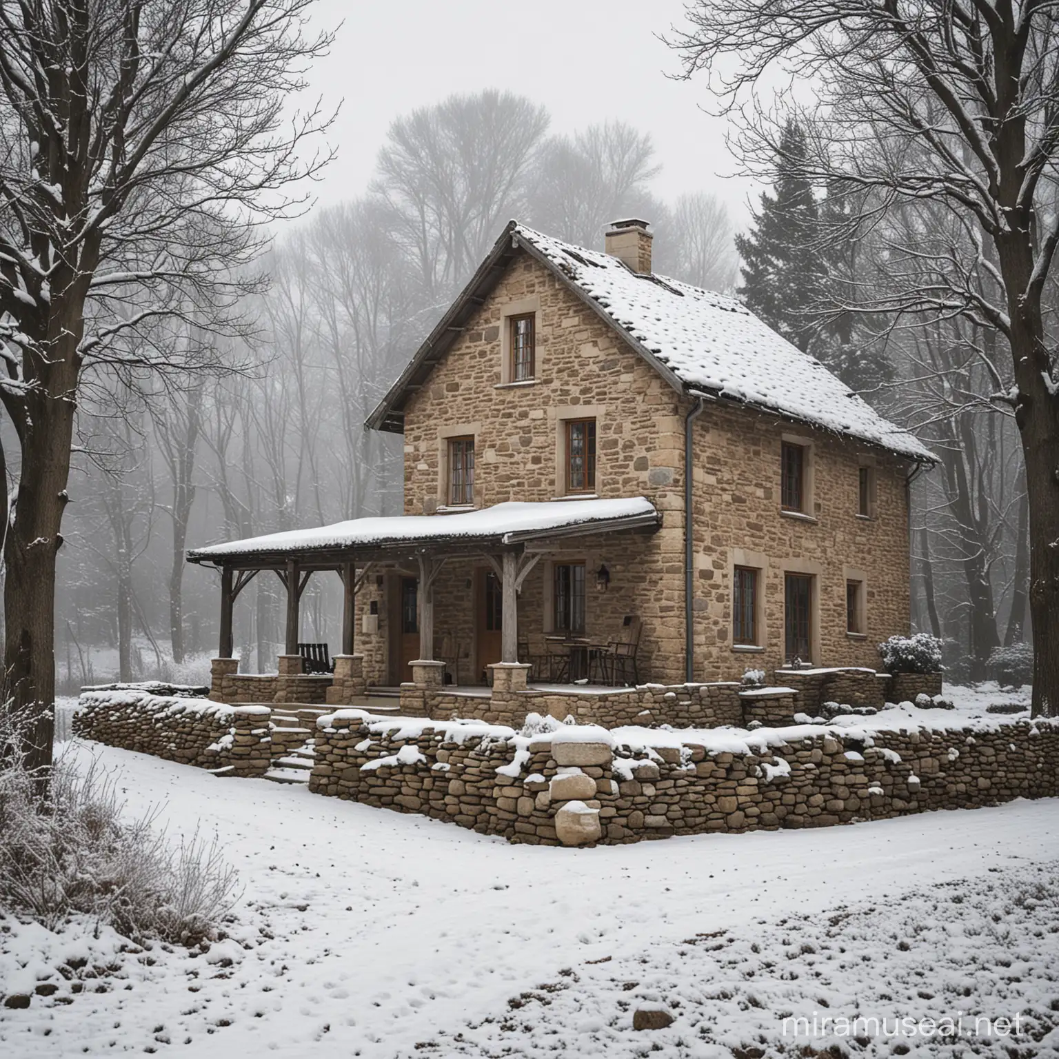 Cozy Winter Retreat Rustic Stone House Amidst Snowy Landscape