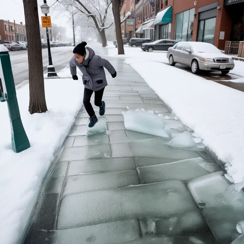 Person walking on icy sidewalk and half falling down

