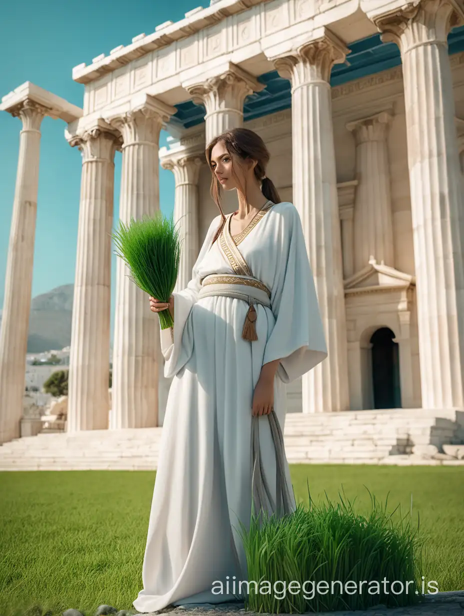 A slender and beautiful woman stands in front of the ancient and magnificent palace of Greece, holding a bunch of fresh grass, dressed in a pure white robe. Her beauty is unique to humanity.