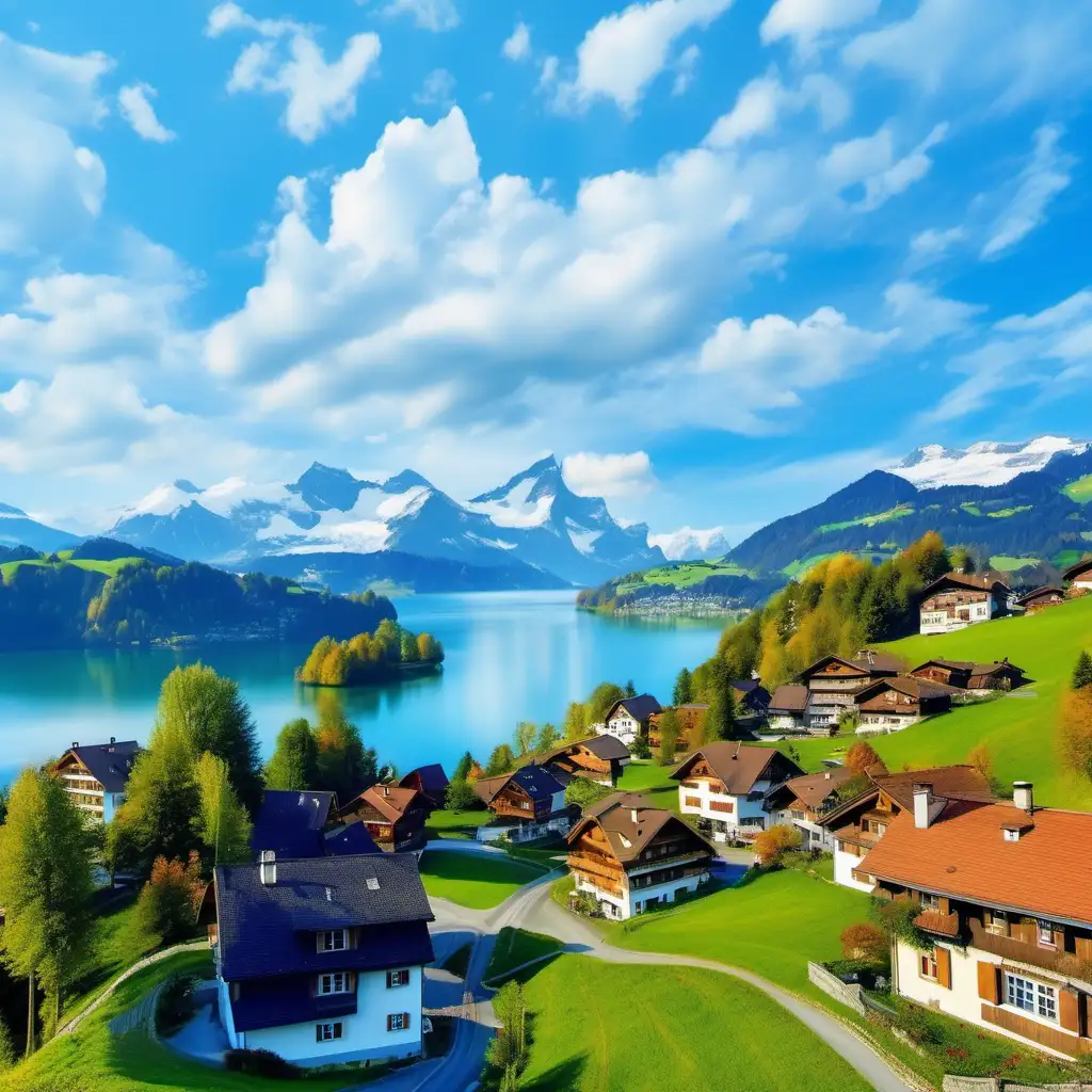 瑞士自然风光，蓝色湖边，美丽的房子，和蓝天白云