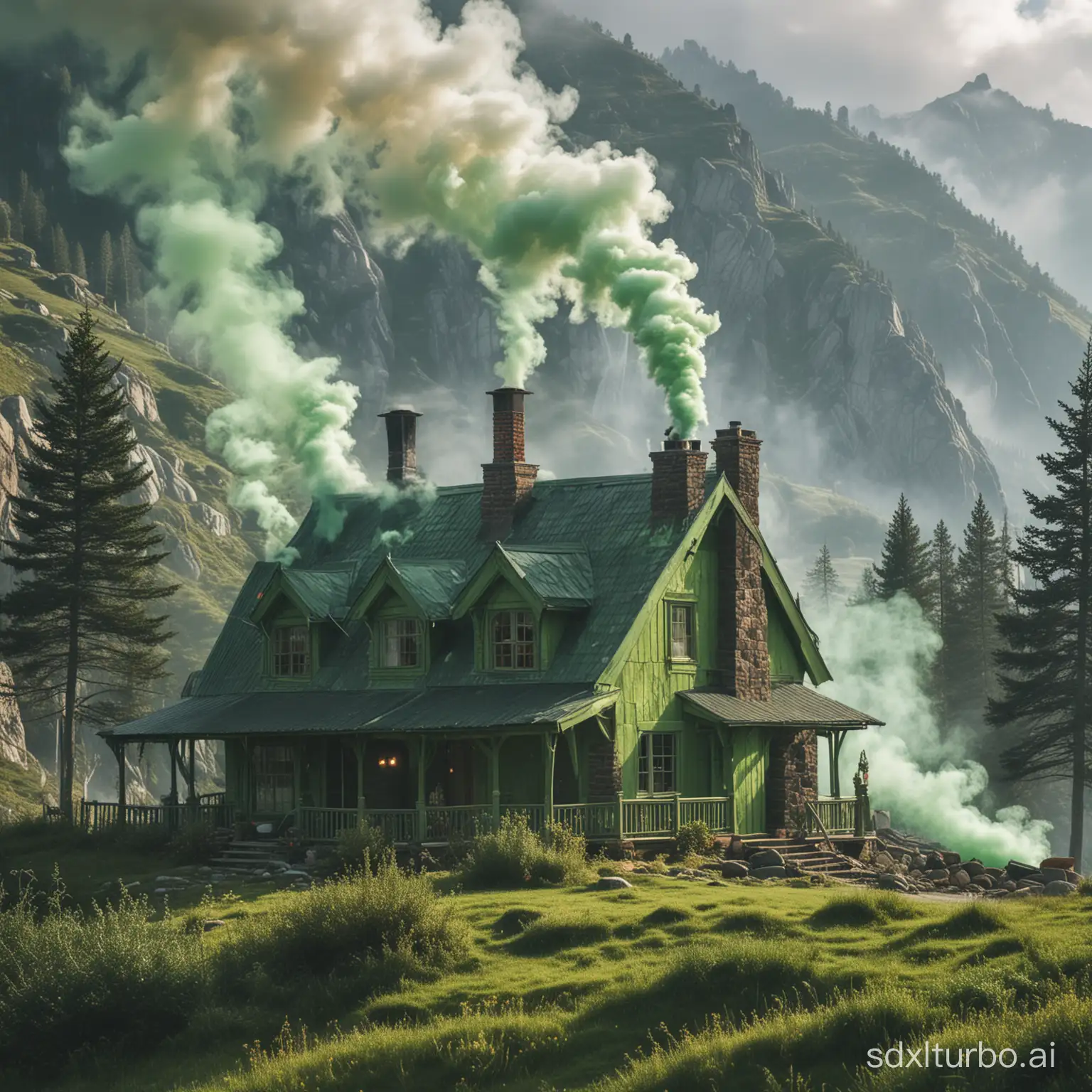 imagen de una casa en la montaña con dos chimeneas que sueltan humo verde mientras el grinch escala la montaña