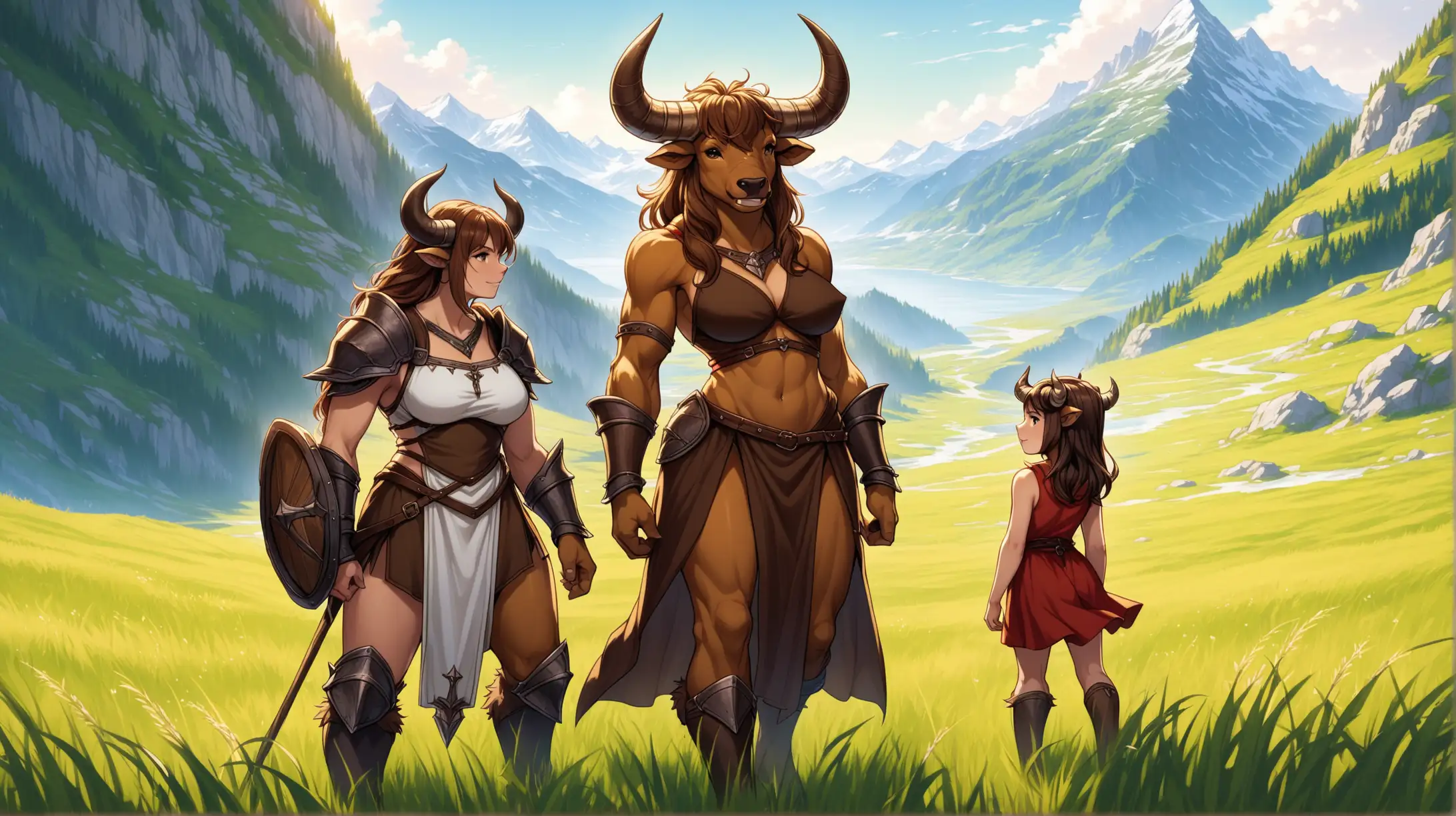Medieval Fantasy Art Furry Minotaur Mother and Daughter in Mountain Grass