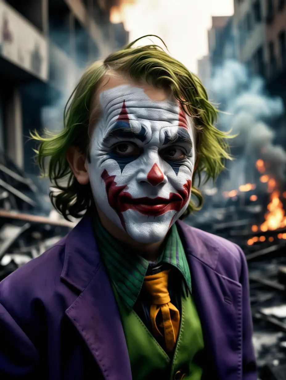 Realistic Child Joker Face Painting in a PostApocalyptic Cityscape