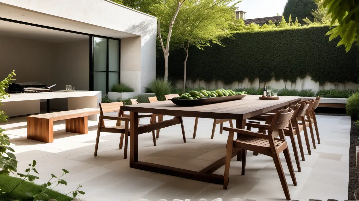 a large estate home outdoor entertaining area  with bbq, table and chairs, surrounded by garden in organic minimalist japandi style; limewashed walls, limestone floor, walnut wood