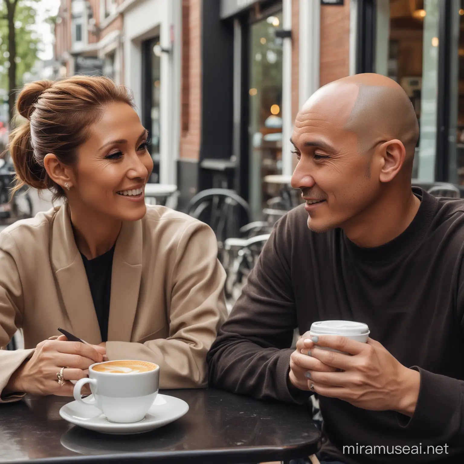 buatkan sebuah poto cinematik pria indonesia,rapi kepala botak,sedang duduk santai bersama artis wanita eropa celine dion, mereka terlihat santai sambil menikmati kopi disebuah cafe di amsterdam belanda