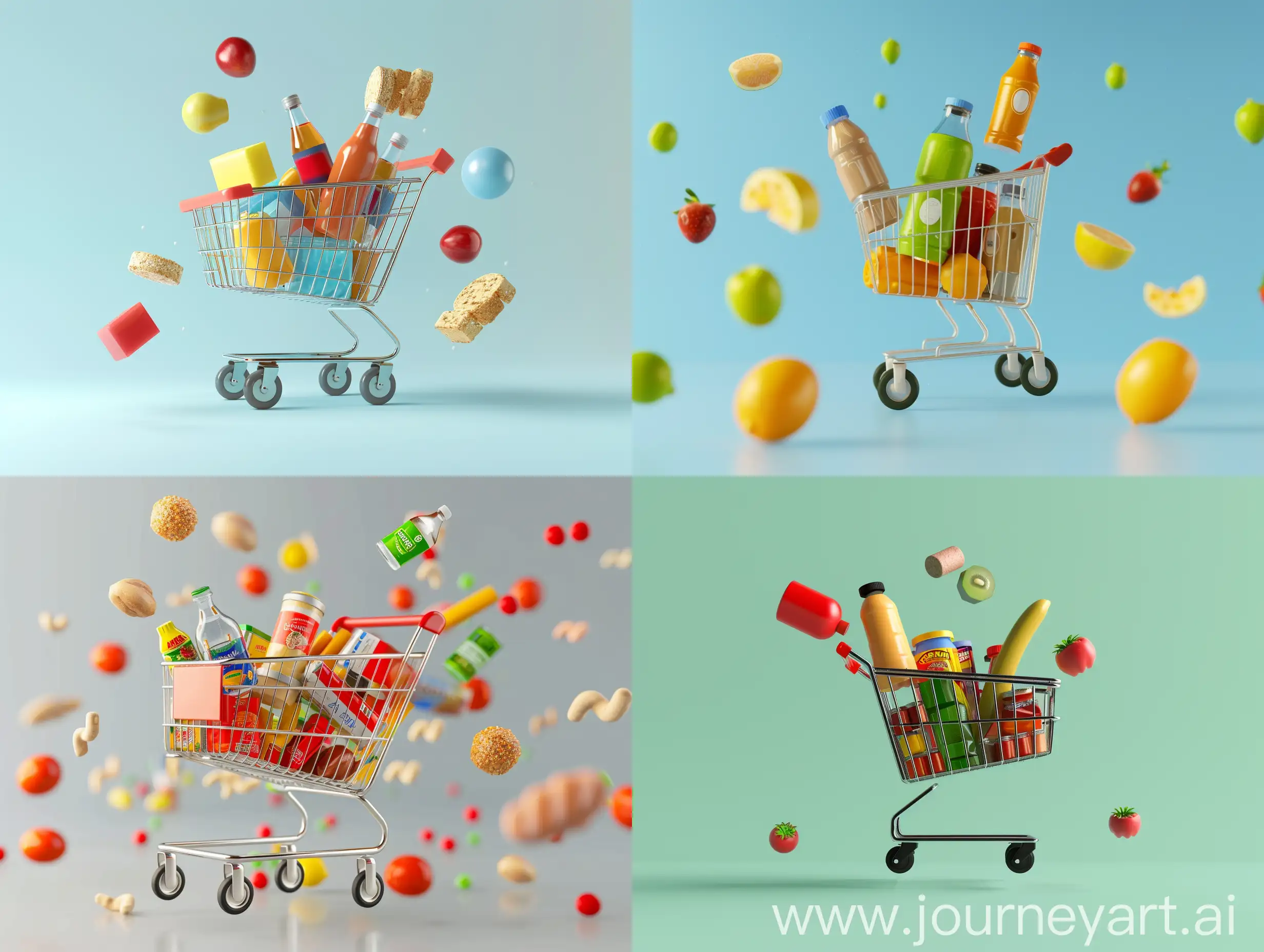 Grocery cart with a bunch of different products in it and hovering around it isolated on a flat background, 3d realistic style.