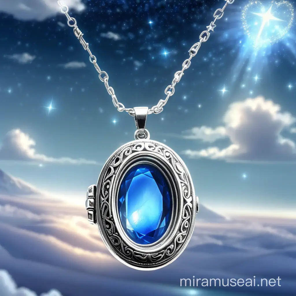 Anime Style Magical Locket with Blue Gemstone on Silver Chain