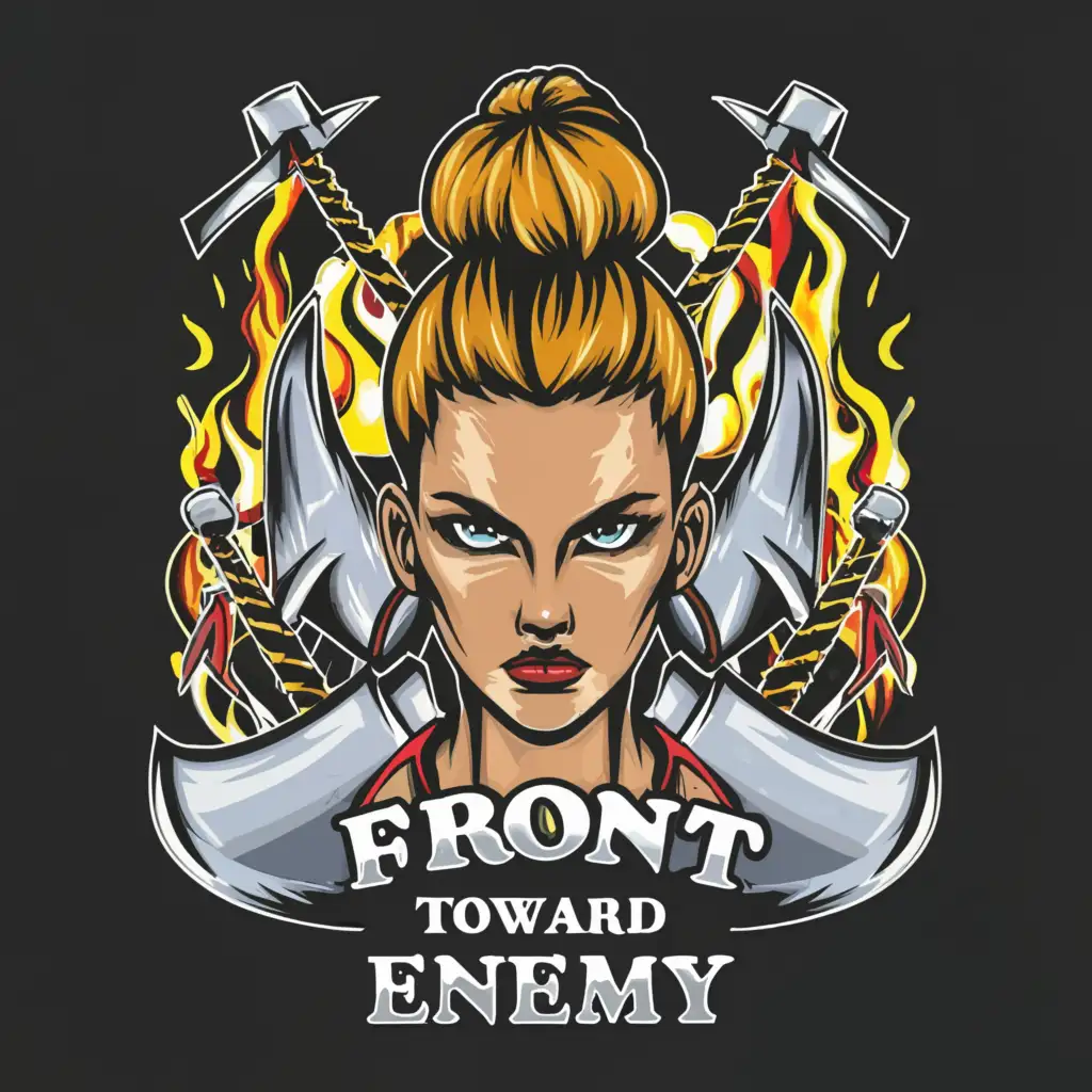 LOGO-Design-for-Front-Toward-Enemy-Girl-Face-with-Axe-Sword-and-Shield-in-a-High-Bun-Hairstyle-on-a-Clear-Background