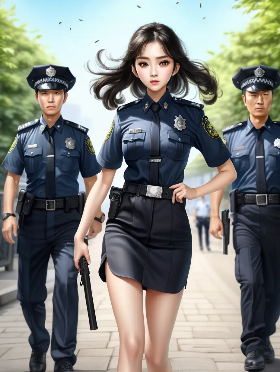 Modern Chinese Policewoman in Fiery Pursuit Under Summer Sun