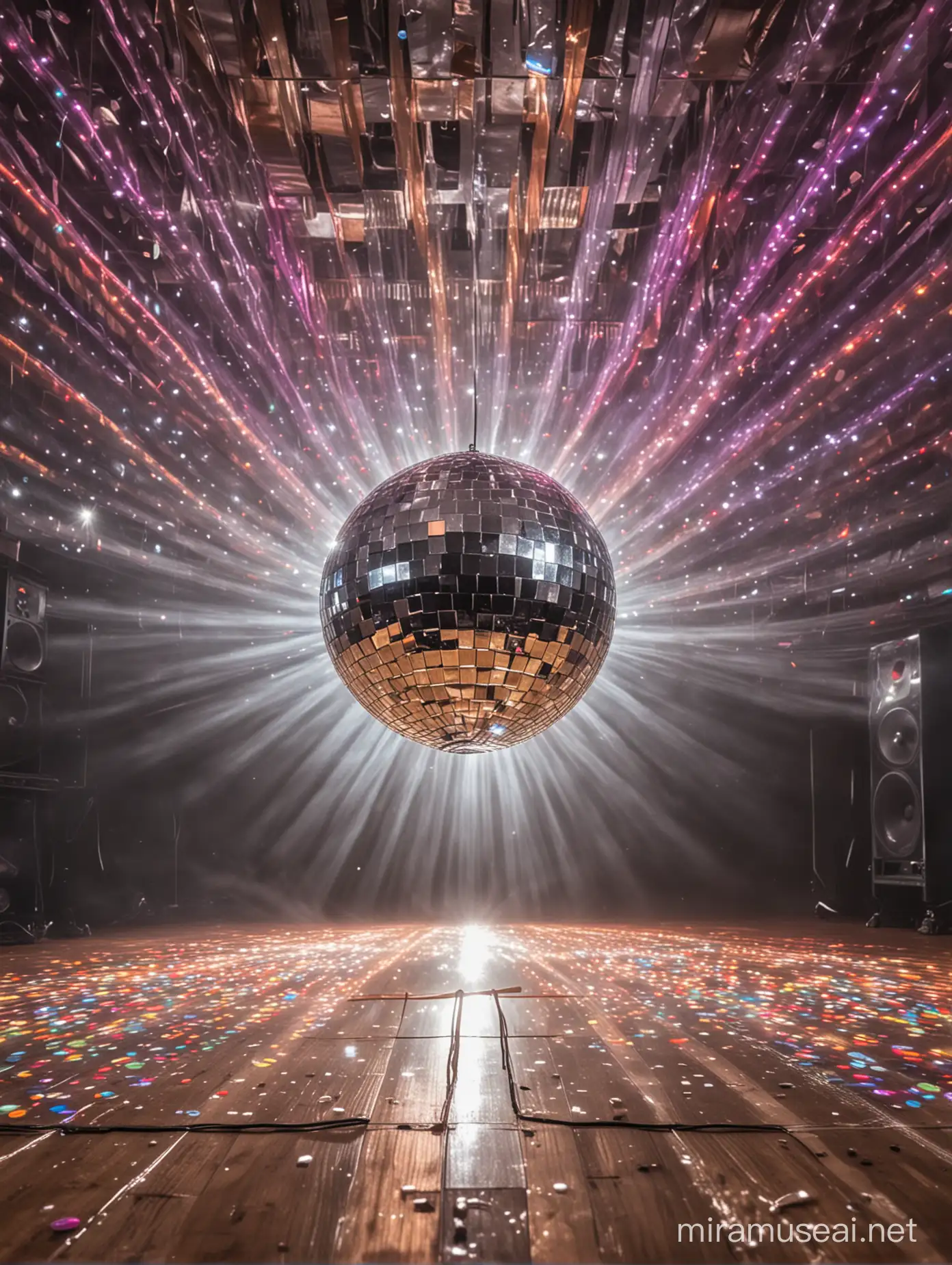An image of a disco ball above a dance floor where vinyl discs will be dancing
