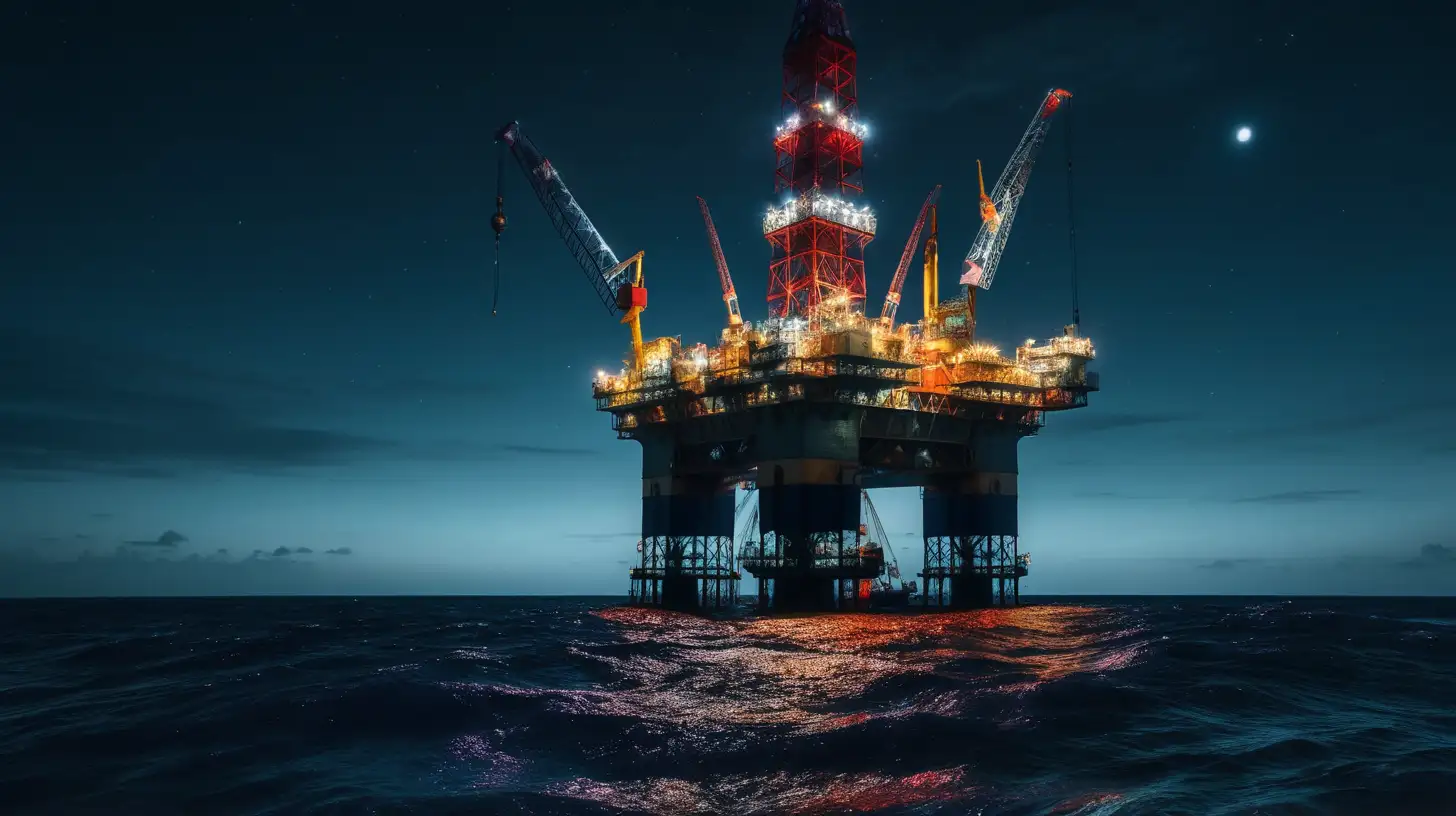 Cinematic Still, Vibrant Colours, dark, night time, off-shore oil rig, in the middle of a vast ocean. Wide shot