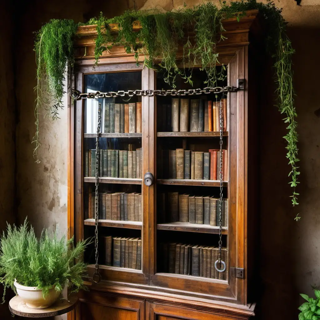 old antique bookcase, books, glass doors, chained up, herbs hanging from the ceiling