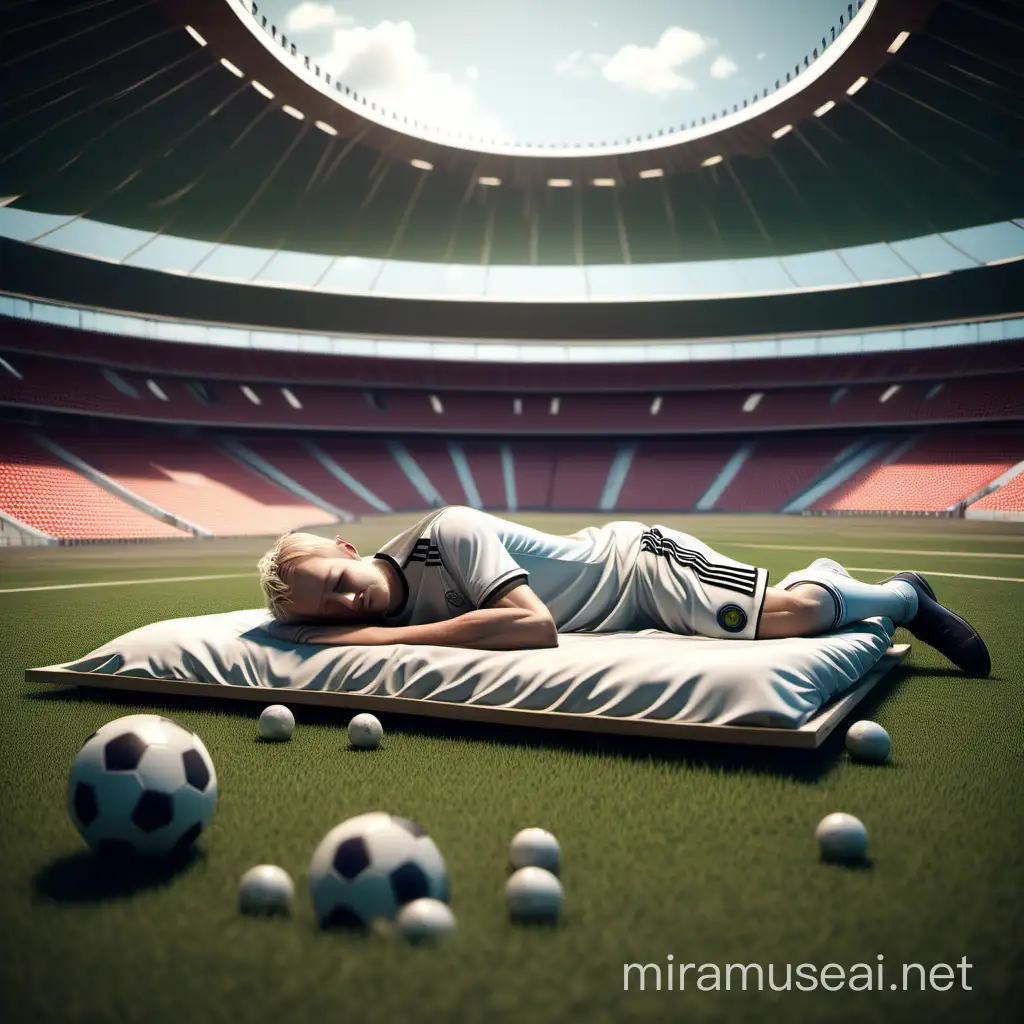player ERLING Harland , sleeping in foodball stadium ground with bed, 3d realistic image