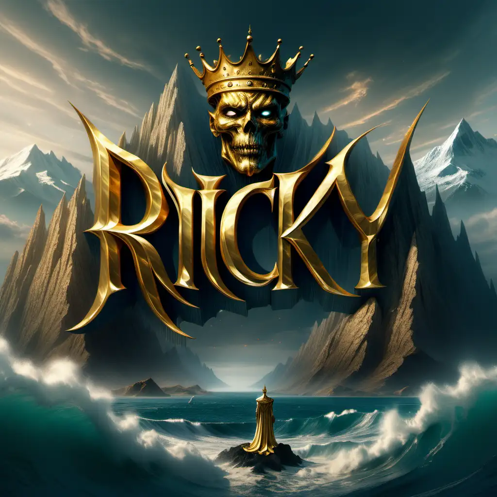 Letter "RICKY" made of elegant gold behind sea . RICKY text in front of  sea and  mountain demonic realistic , epic royal background, big royal uncropped crown, royal jewelry, robotic, nature, full shot, symmetrical, Greg Rutkowski, Charlie Bowater, Beeple, Unreal 5, hyperrealistic, dynamic lighting, fantasy art