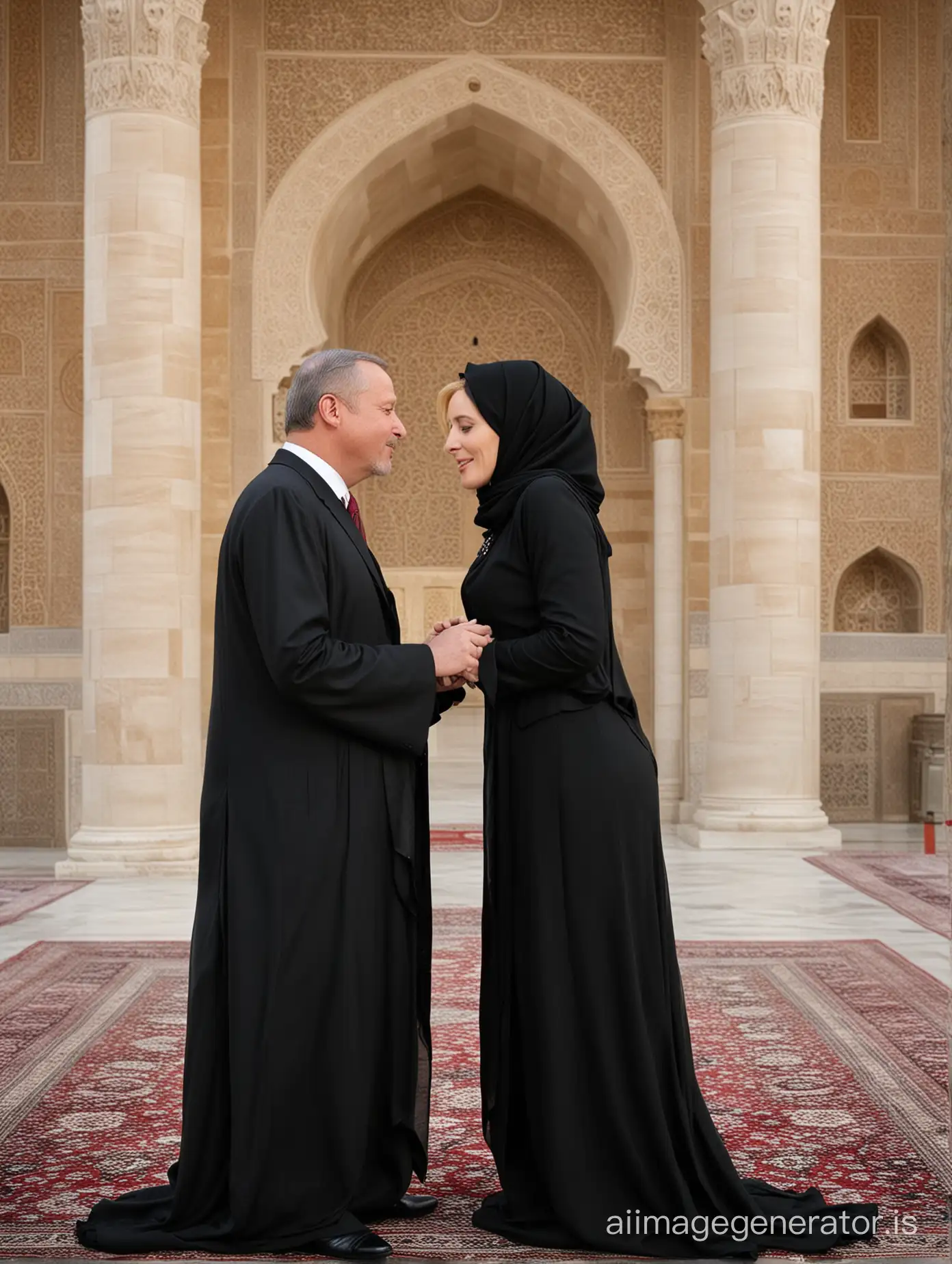 red haired Gillian Anderson alone with President Erdogan, he asked Gillian to dress accordingly to his Muslim faith and wear a floor-length black oversized flowing jilbab with long black hijab while he is kissing her tenderly