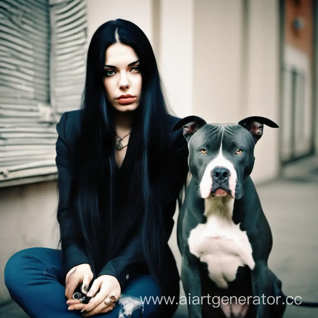нерусская девушка с черными длинными волосами и собакой питбуль