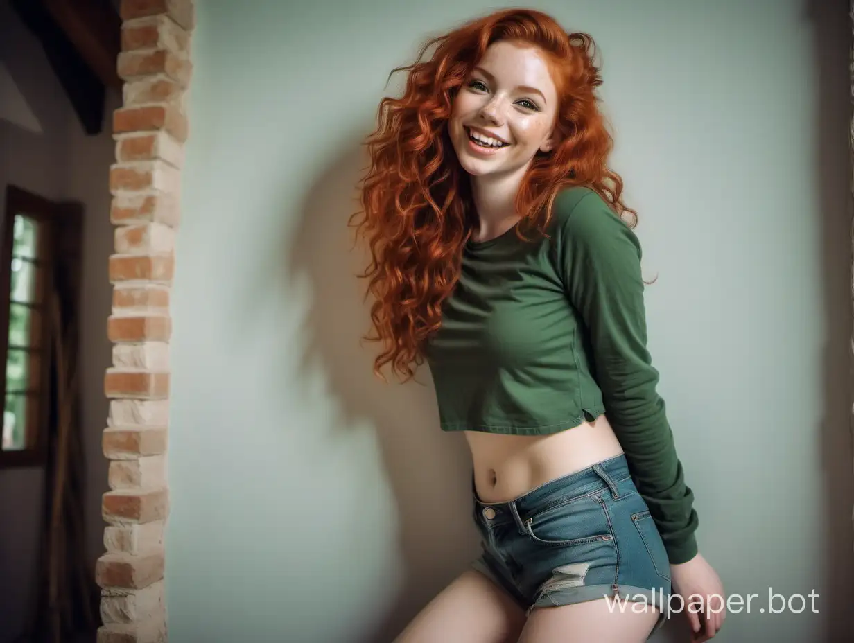 low angle full body portrait of a young pretty redhead woman leaning against the wall, she has long curly red hair, she has a cute face, she is smiling happily, wearing a forest-green long sleeve crop top, midriff, navel, wearing cutoff shorts, she has big pale thighs, loose brushstrokes, farmhouse interior, Velazquez painting style, full body