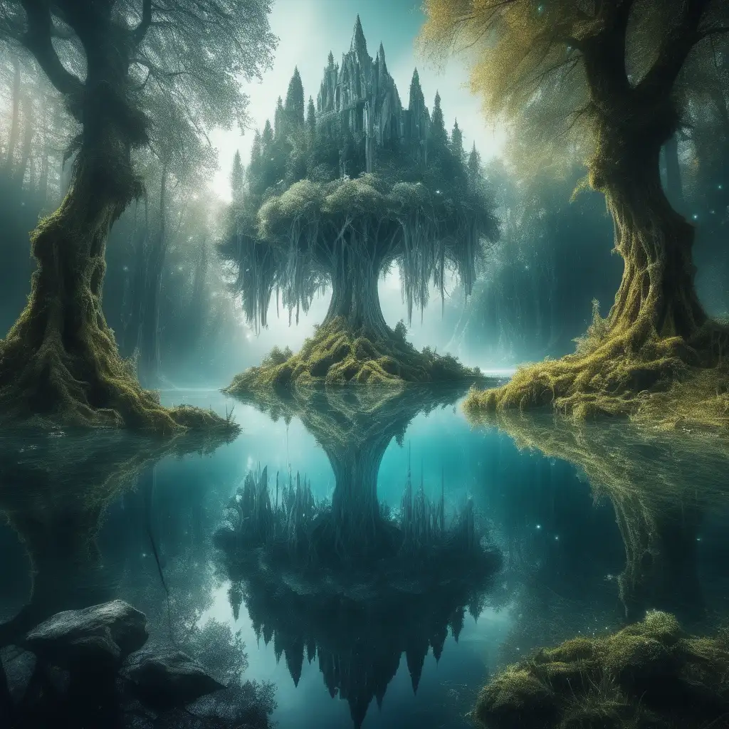 a far away mystical place where the trees grow strangely they grow upside down from the sky, there are crystal lakes with mystical beings, it is a land of dreaming