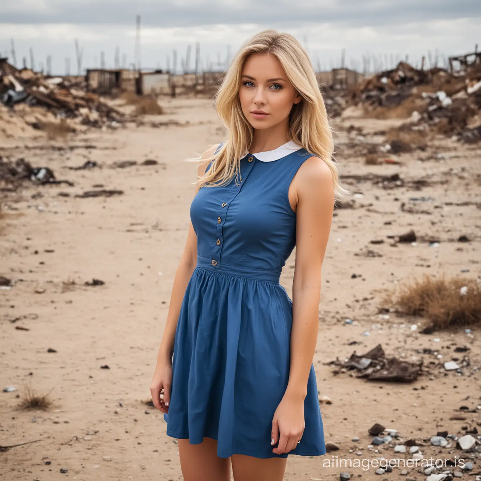 Beautiful blonde with preppy blue dress in wasteland