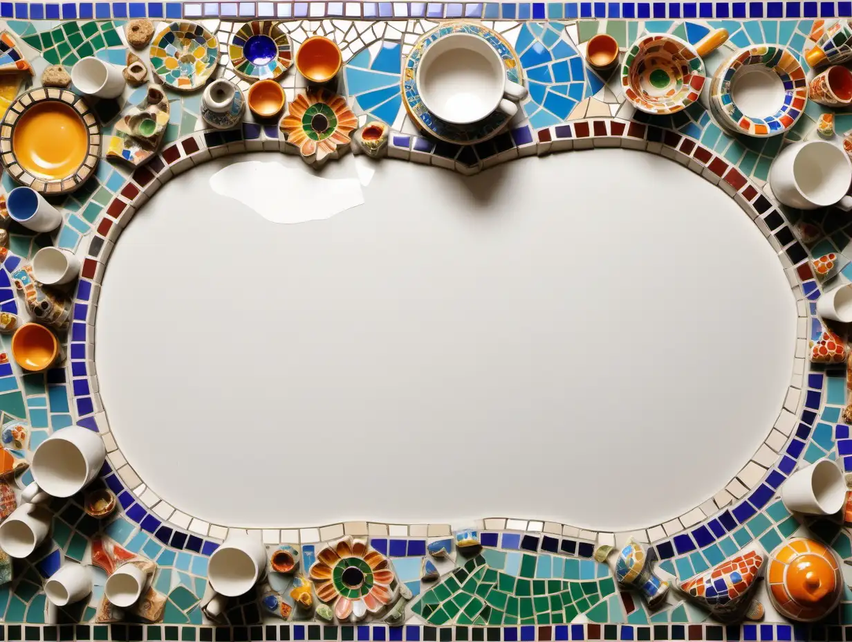 A mosaic border. Very colorful. Lots of details. Many shapes and sizes of mosaics and mini-figurines. Broken plates and cups. With a blank space in the middle. In the style of Gaudi