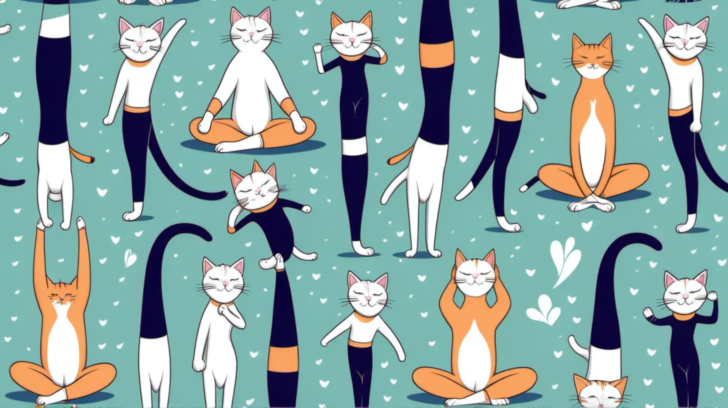 seamless pattern of cats doing yoga stretches and wearing tights