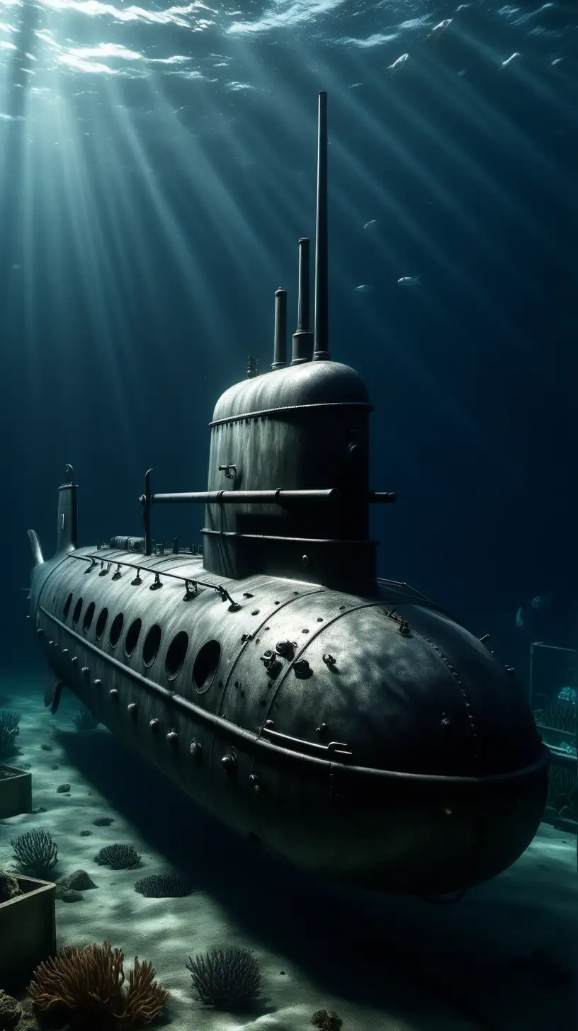 Imagen ultra realista, submarino ,1890, iluminación cinematográfica,bajo el agua,alta definición,16k