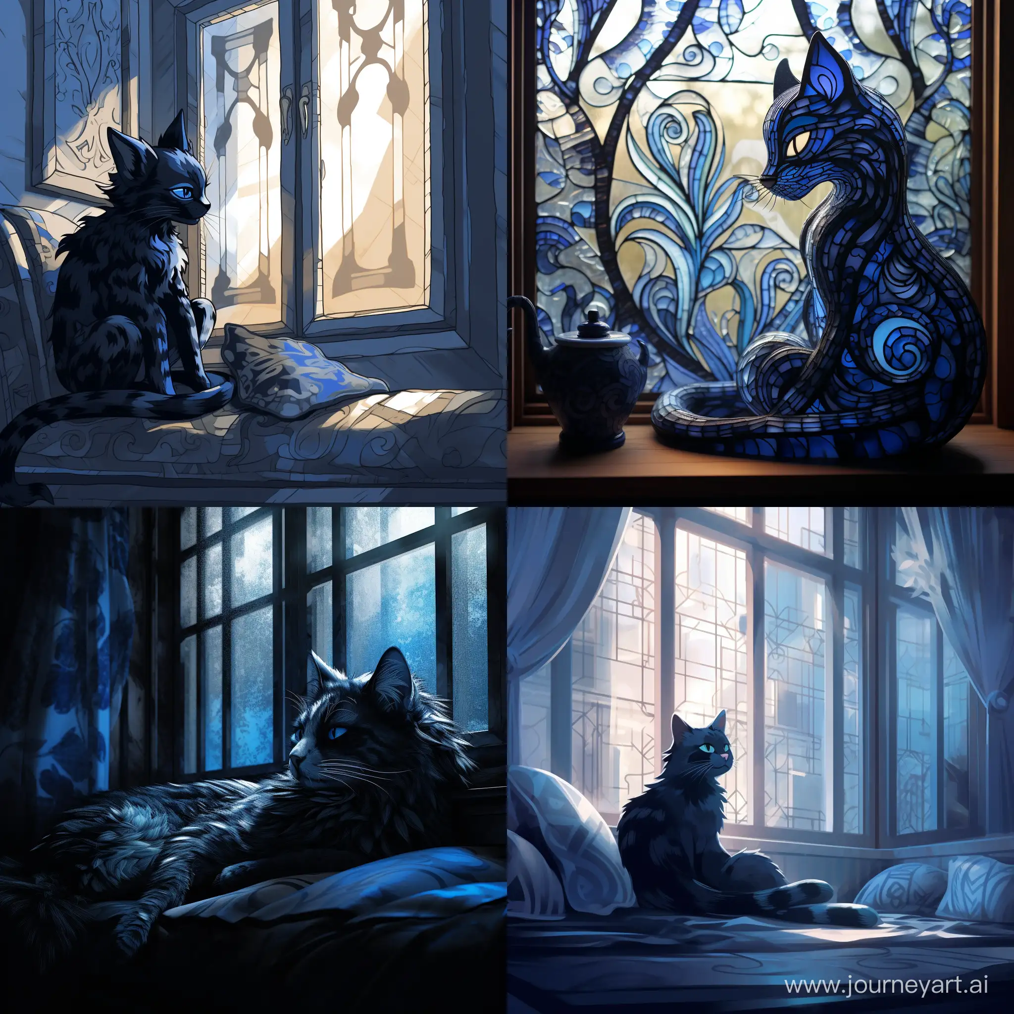 Logo, голубая кошка с черными узорами лениво разлеглась на фоне окна, мягкий свет проникает через окна отбрасывая блики на кошку