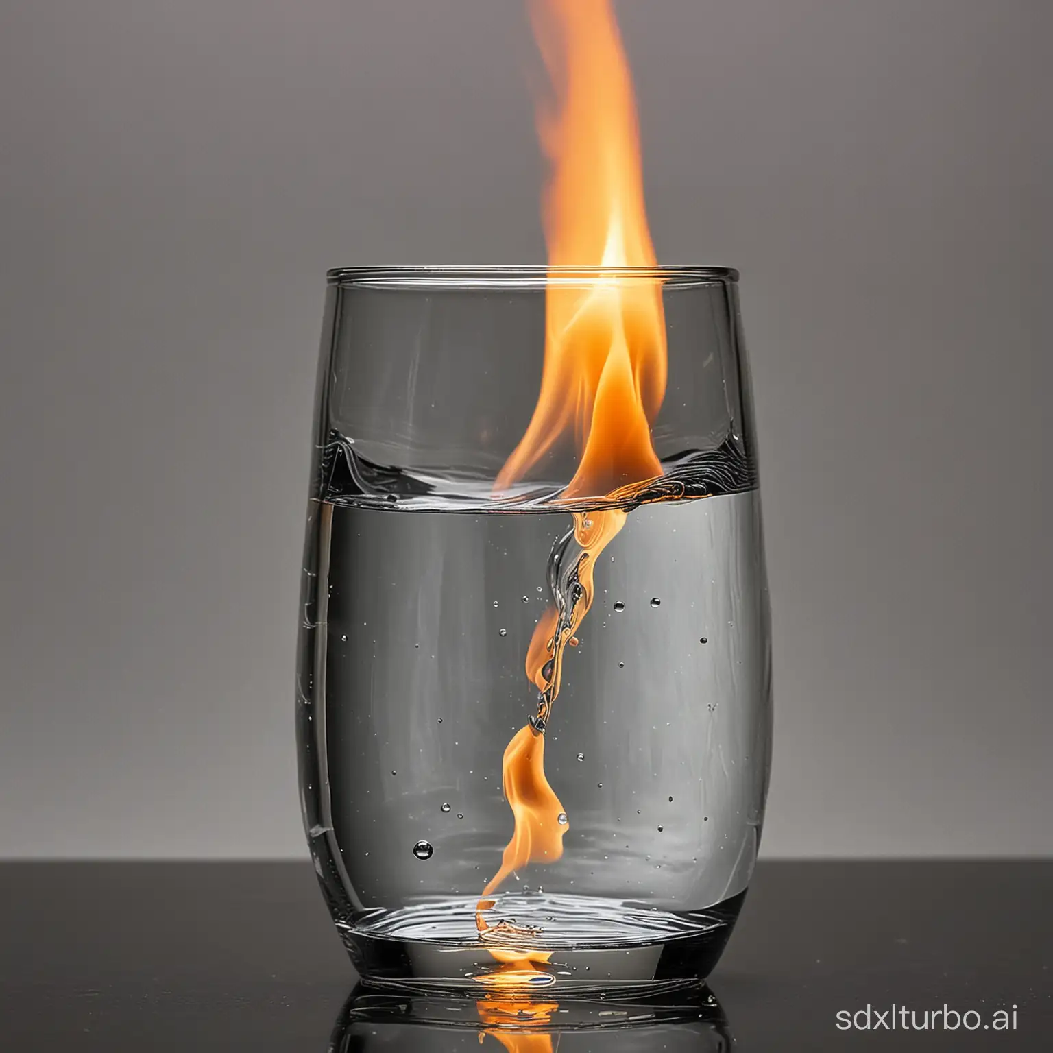 a glass of water with a flame inside. the flame is reacting with the water. the flame come from the bottom and make bubbles and some smoke