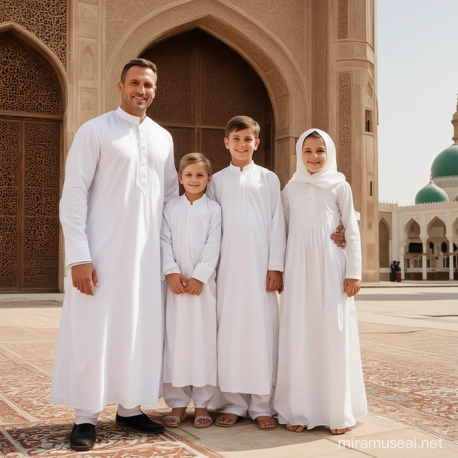 Foto keluarga  terdiri dari 1 orang pria tampan usia 40.1 orang perempuan cantik usia 35.1 orang anak laki-laki tampan usia 11.1 orang anak perempuan usia 7 memakai baju gamis berwarna putih latar belakang mesjid 
