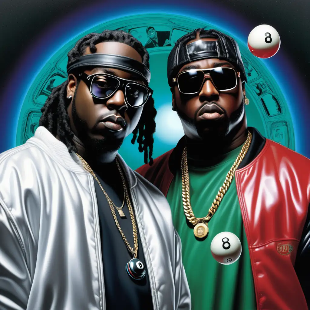 Album cover of a photo realistic Illustration of rappers 8-Ball and MJG futuristic