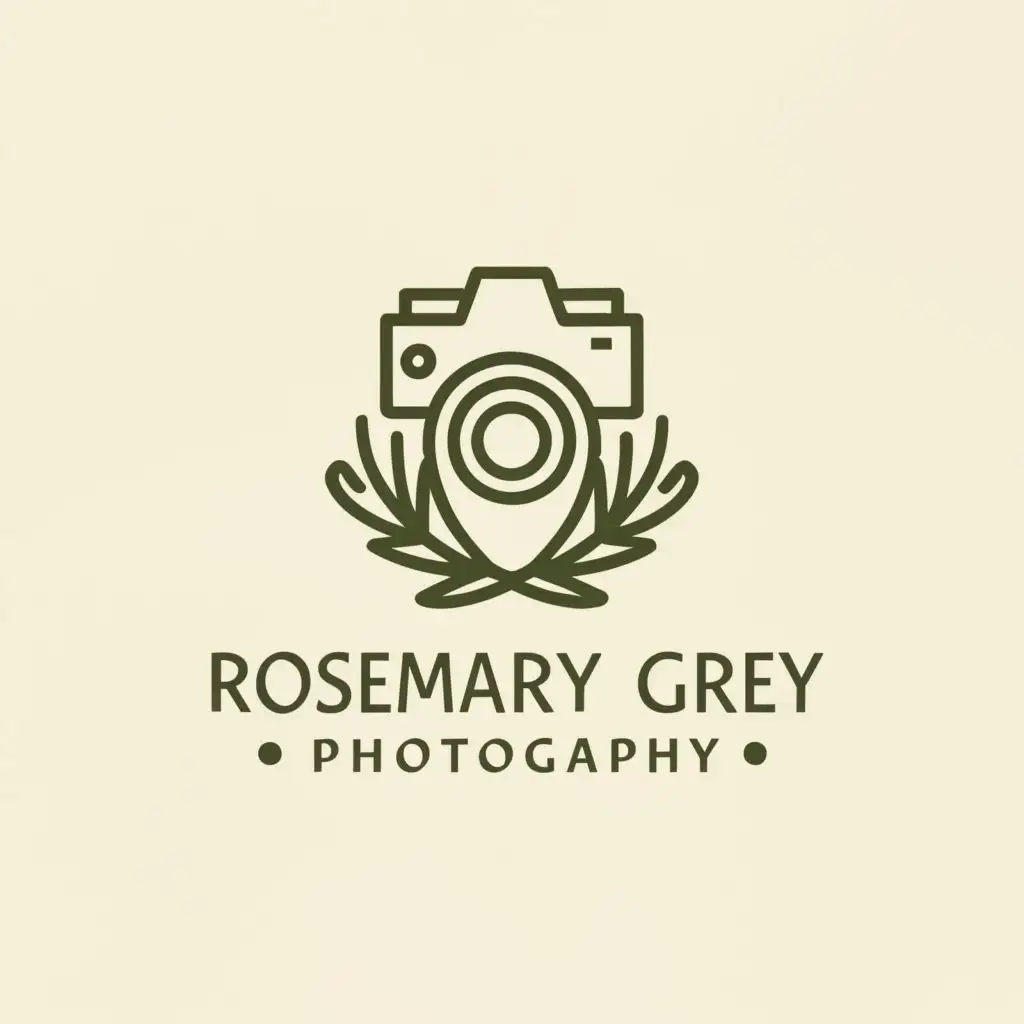 a logo design,with the text "Rosemary Grey Photography", main symbol:Rosemary and a camera,Minimalistic,clear background