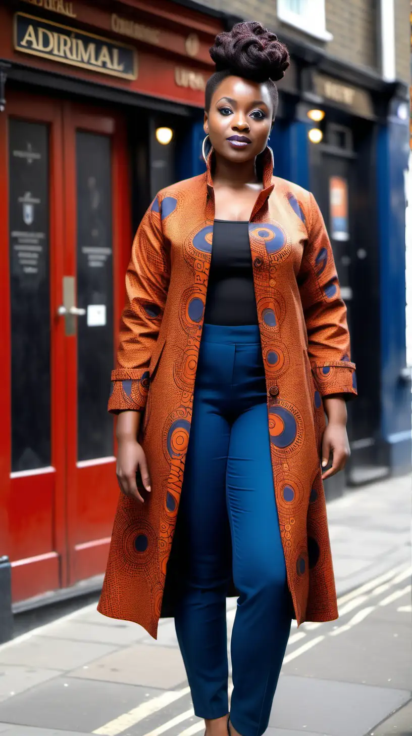 Stylish Black Woman in Rust African Print Swing Coat at London Pub Ultra 4K HD