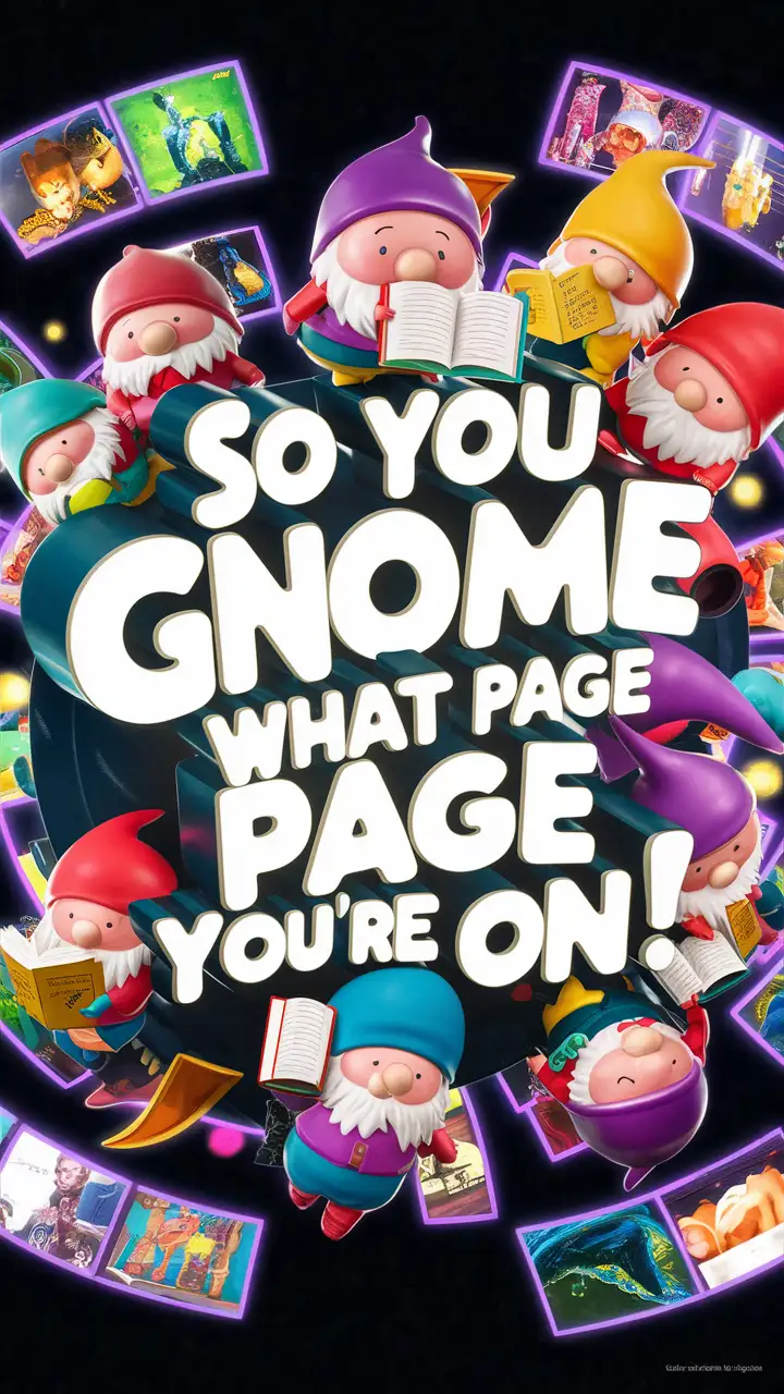 The name in 3d: "so you Gnome what page you're on!” , chibi gnomes reading images surrounding the words, cartoon 3d render, cinematic, typography v0.2, illustration, cinematic, typography, 3d render lots of bright colours