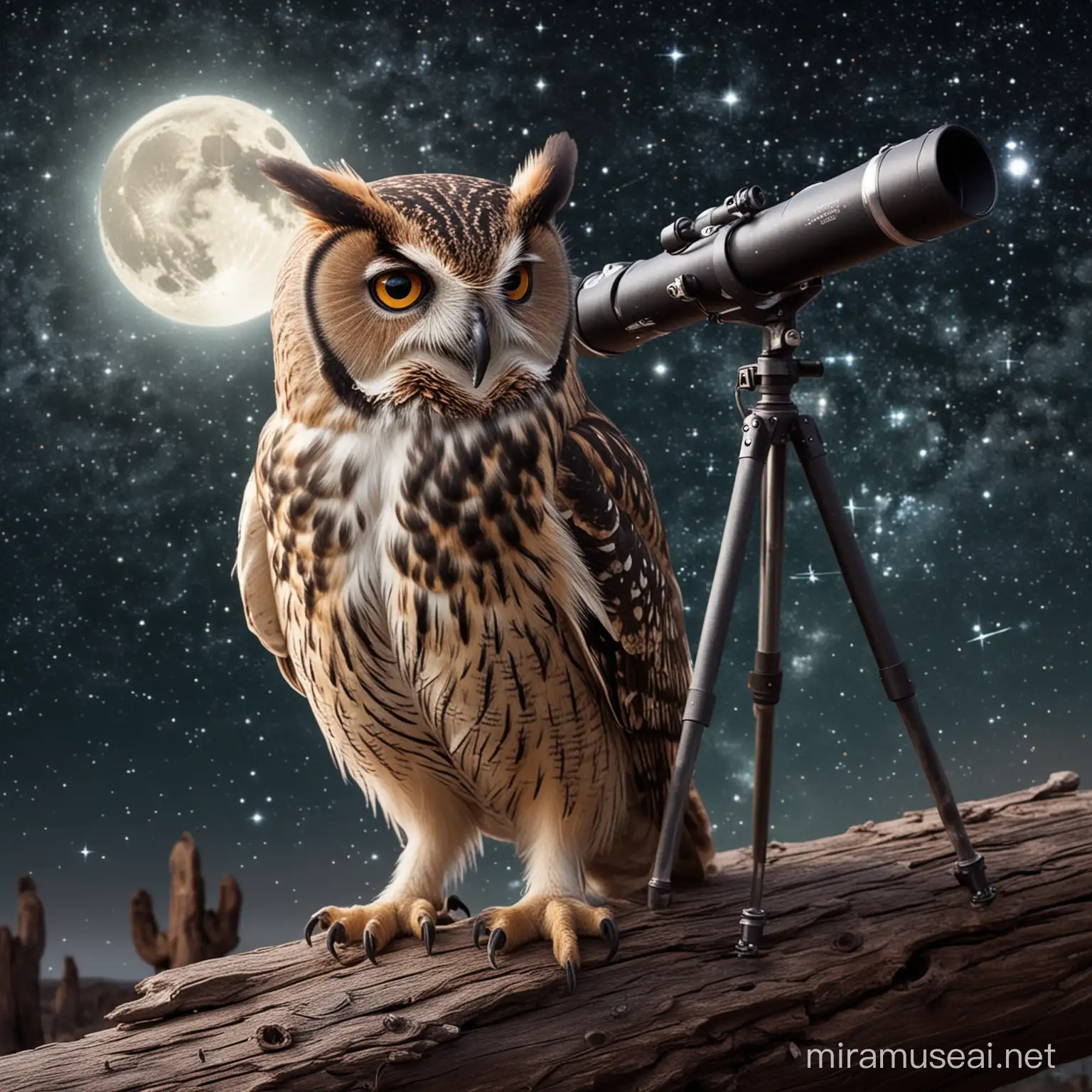 Curious Owl Exploring New Constellations with Telescope
