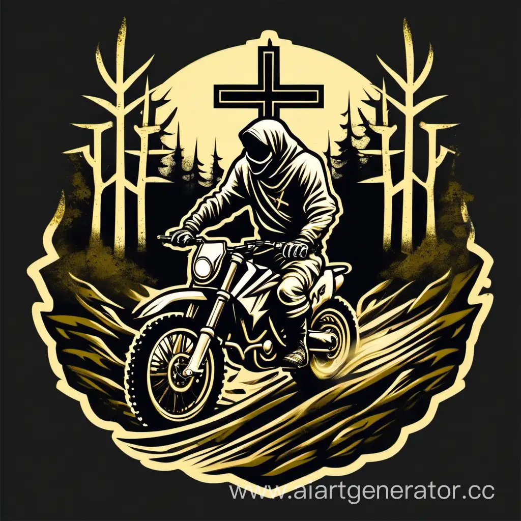 Логотип священник на эндуро  мотоцикле, грязь, лес, крест, церковь, гусь,