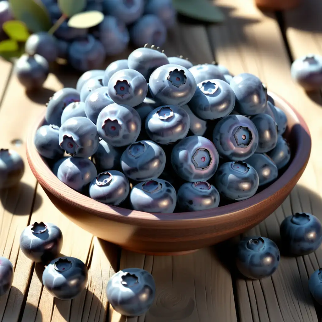 bunch of blueberries glistening in the sun on a wood table