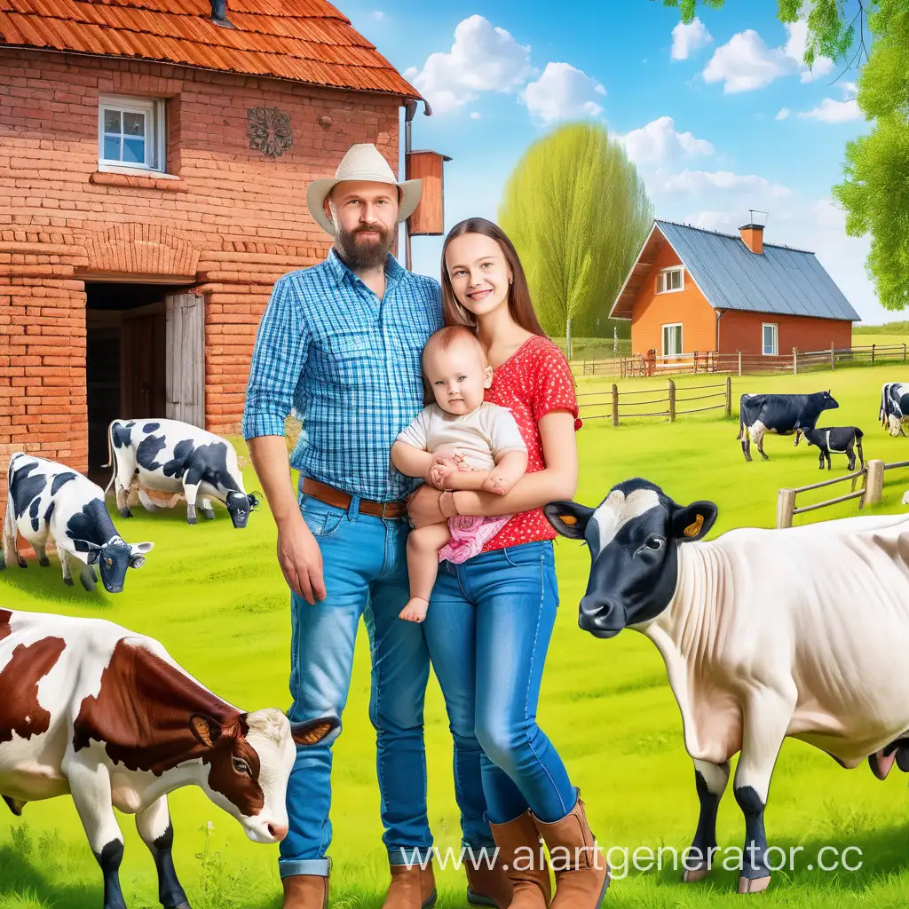 счастливая российская семейная пара мужчина и женщина с одним ребенком 10 лет на новой мини-ферме. мини ферма кирпичный дом - рядом коровы, козы, бараны