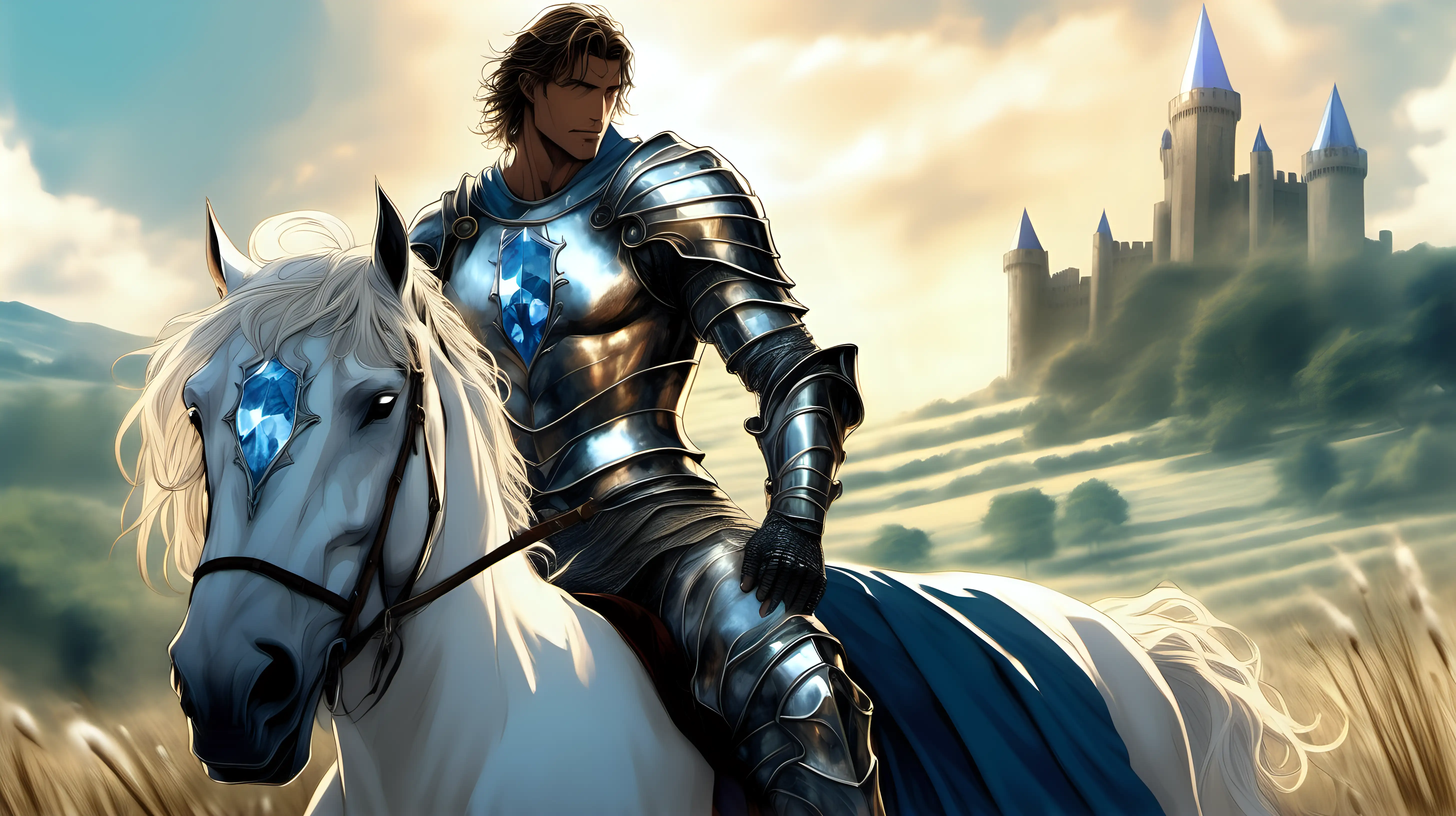 Muscular BlueEyed Knight Riding White Horse in Sunlit Castle Fields