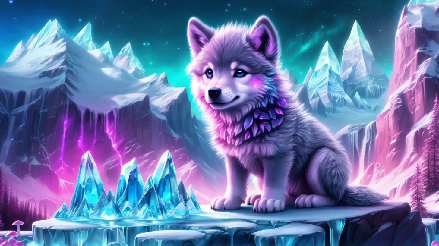 Cute-baby wolf with magical mountain cliffs with glowing ice glaciers and Glowing Magical-Fairytale-mushrooms  bright-Purple-pink-Blue-Green