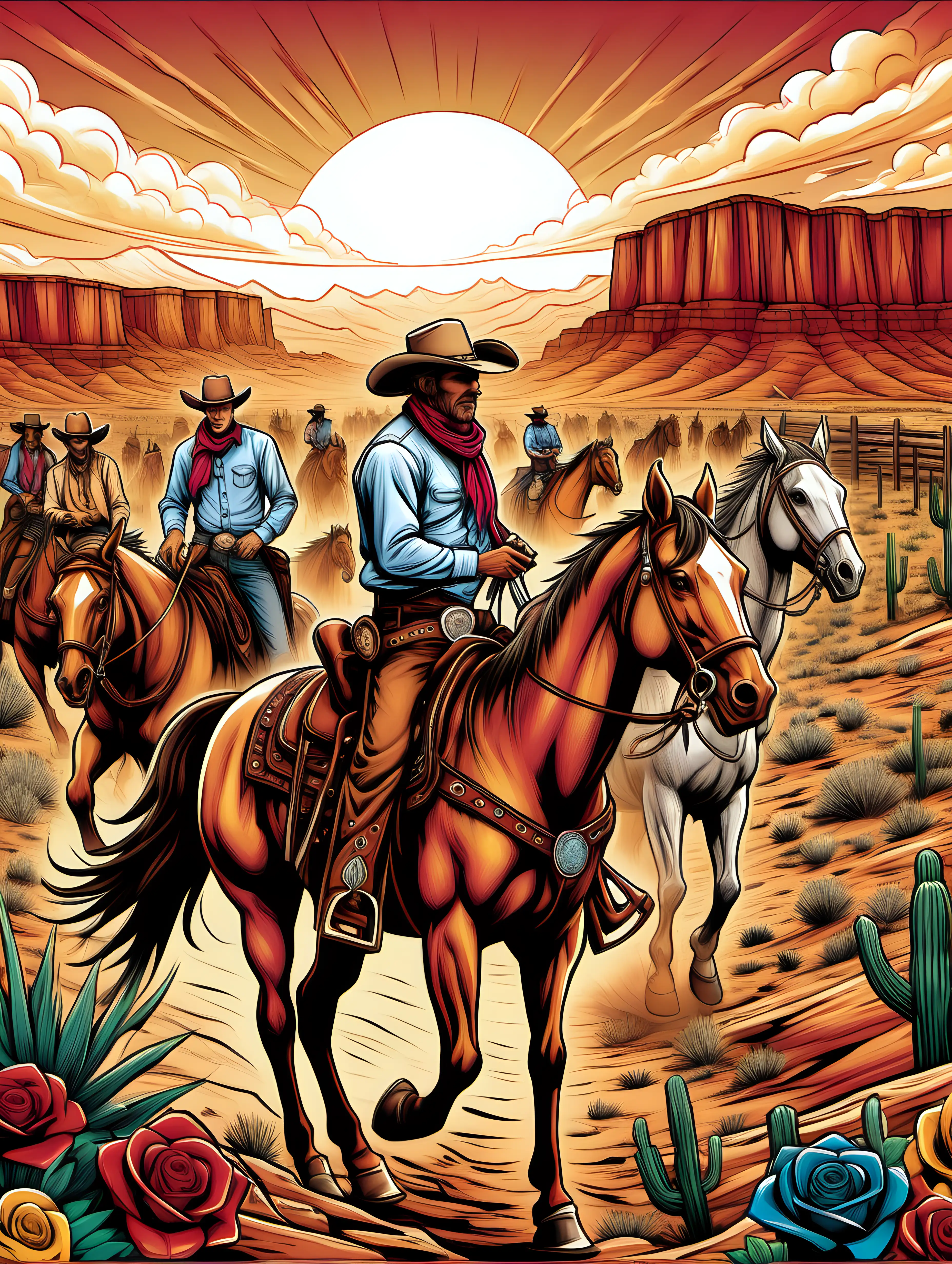 Design an eye-catching coloring book cover without words that vividly captures the spirit of the Old West in a riot of colors. Envision a dynamic scene featuring iconic elements such as cowboys, horses, saloons, and expansive landscapes. Incorporate a diverse palette to evoke the vibrant hues of the frontier - warm earth tones, bold sunsets, and vivid pops of color from clothing and accessories
