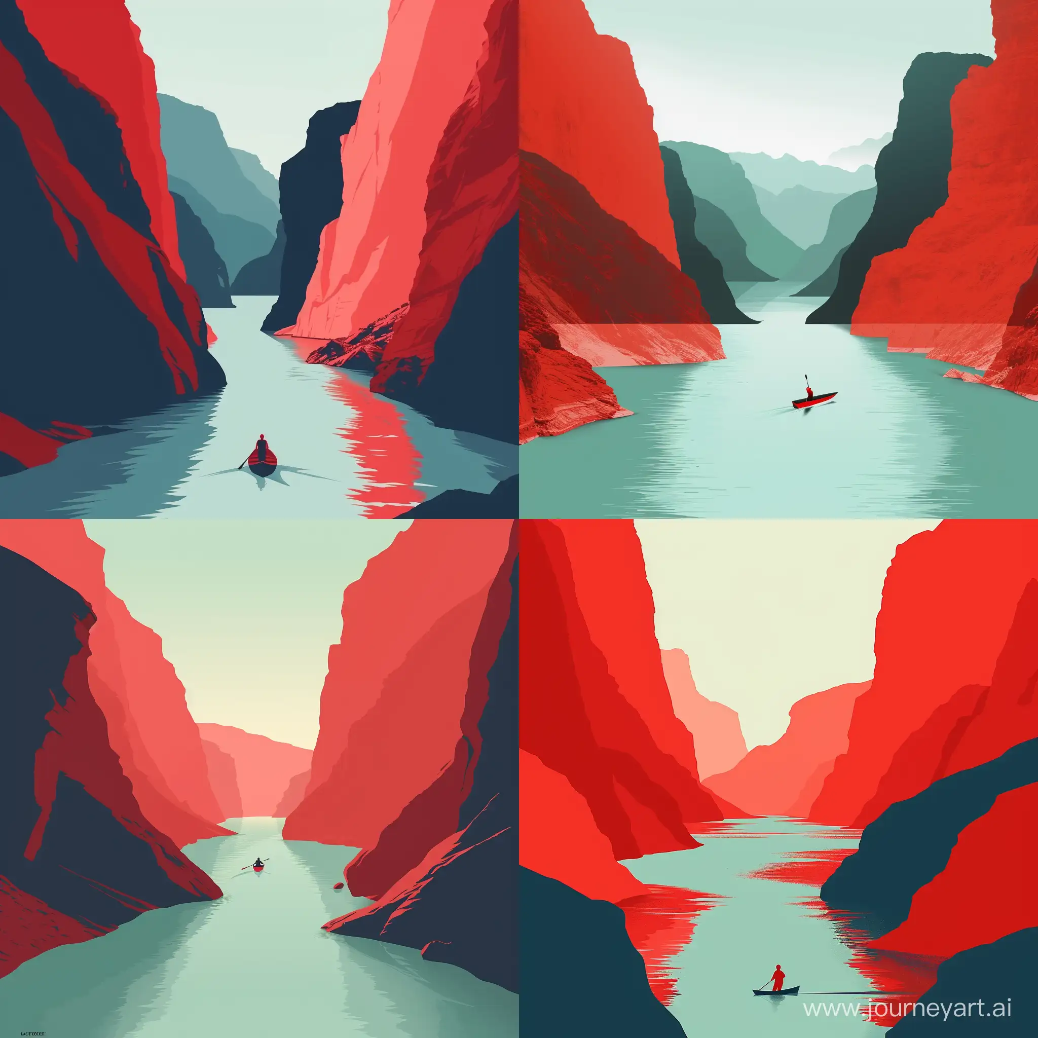 Bird's Eye View , a man boating in the river between mountains, red and light blue, natural light, advertising design poster, movie poster, macro scene, big atmosphere, in flat style, high quality details