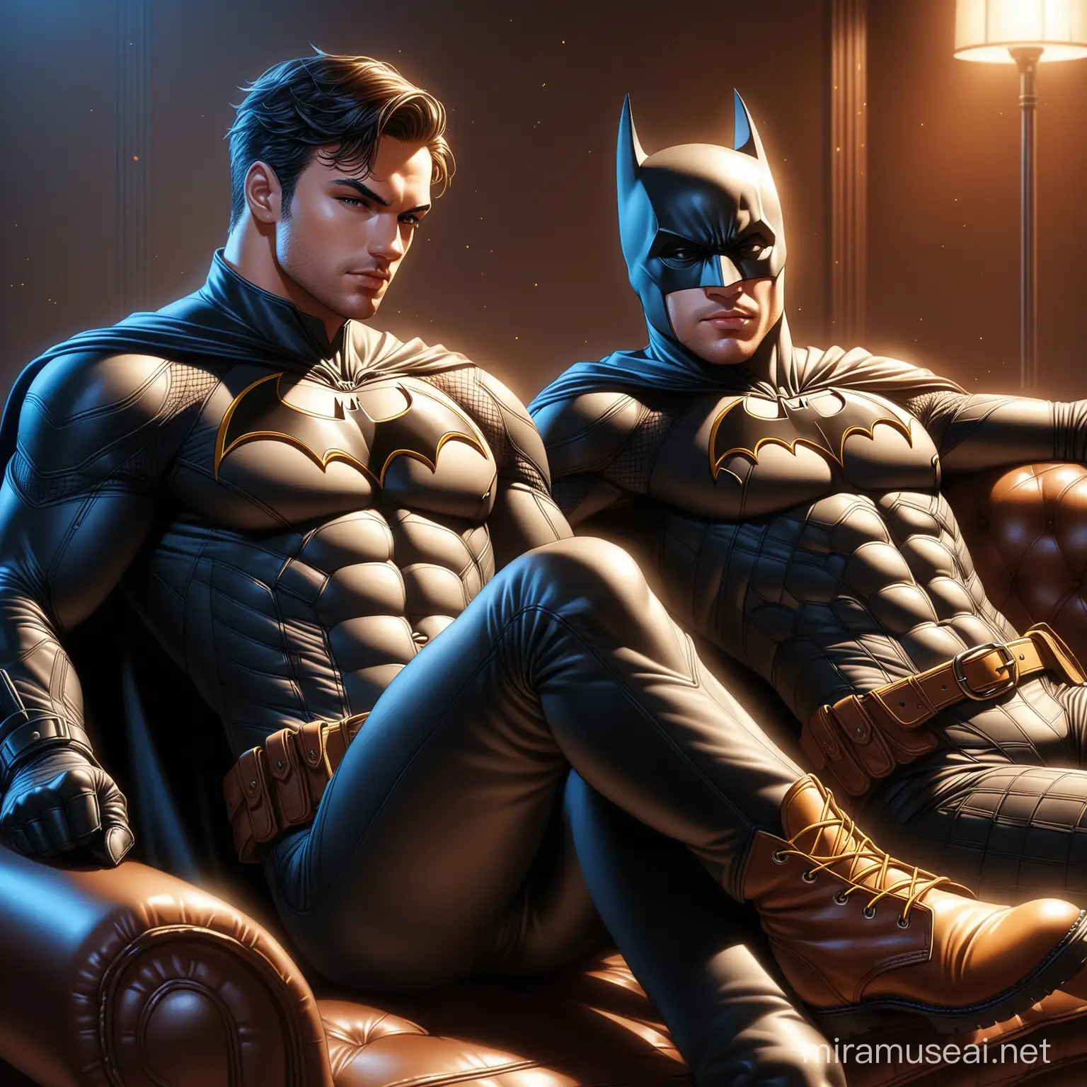 male hotness, batman and robin relaxing, boots, leather, hyperrealistic, hyperdetailed