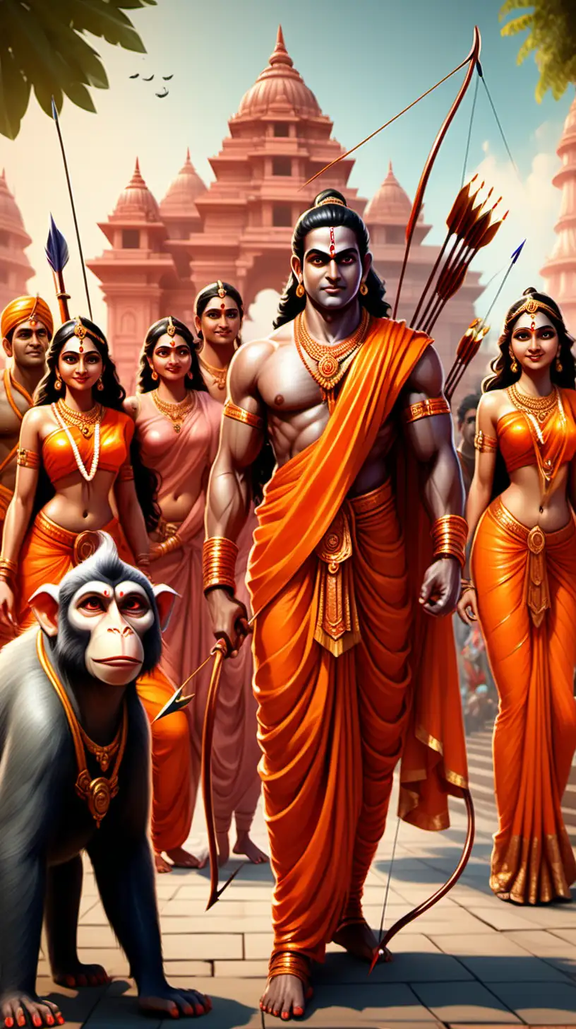 Handsome Lord Ram in orange cloth with bow and arrow on his back with his beautiful wife Sita  returning to the constructed temple in Ayodhya with his monkey army and Indian village people welcoming them  in Disney style