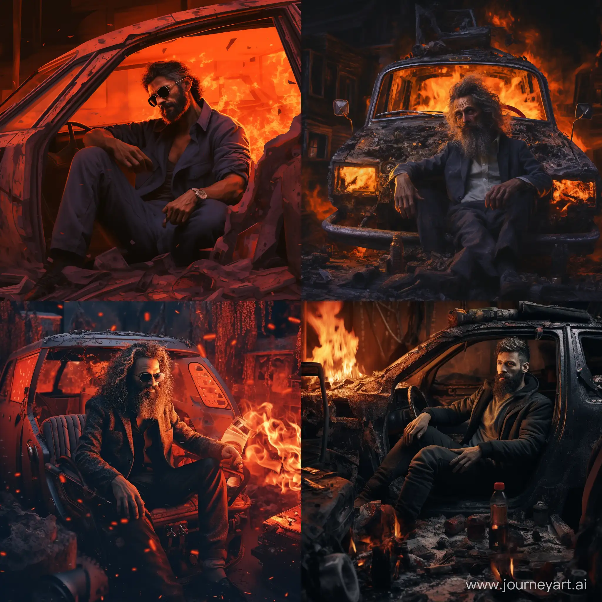 Суровый мужчина спокойно сидит в горящей машине с виски в руках прикуривая  от огня